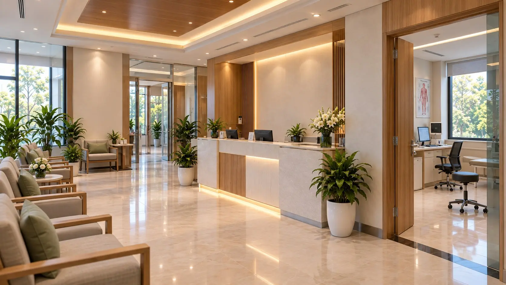 Phối cảnh sảnh khám sáng sủa với quầy tiếp đón gỗ và khu ghế chờ
