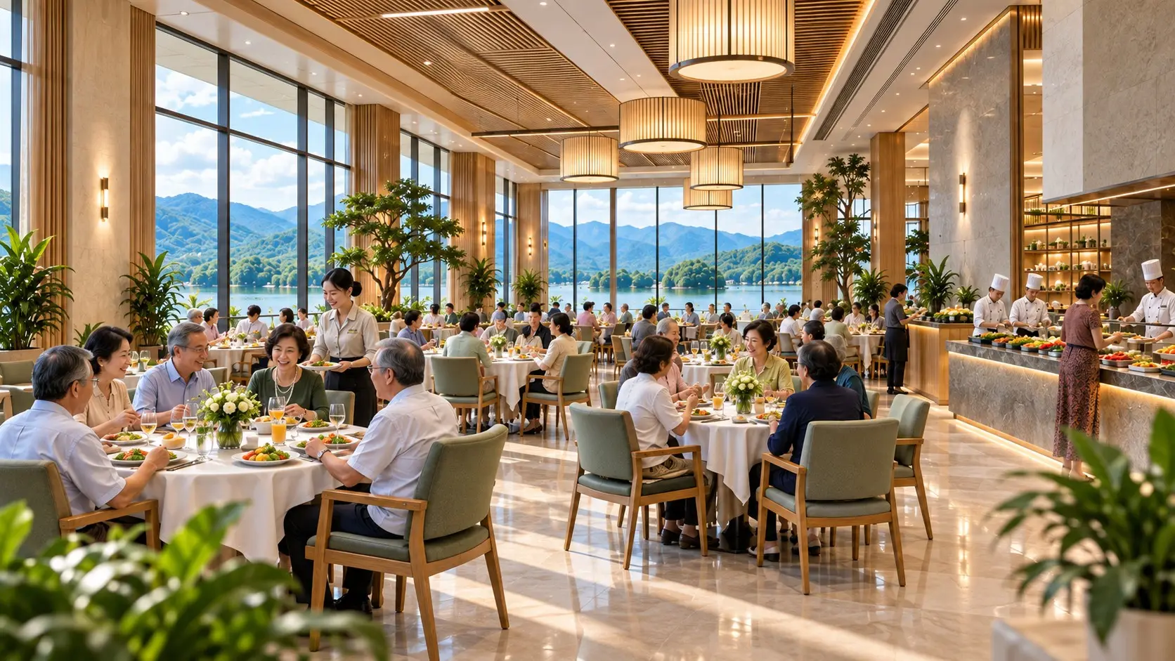Phối cảnh nhà ăn rộng với cửa kính nhìn ra hồ và núi, người lớn tuổi dùng bữa cùng nhau
