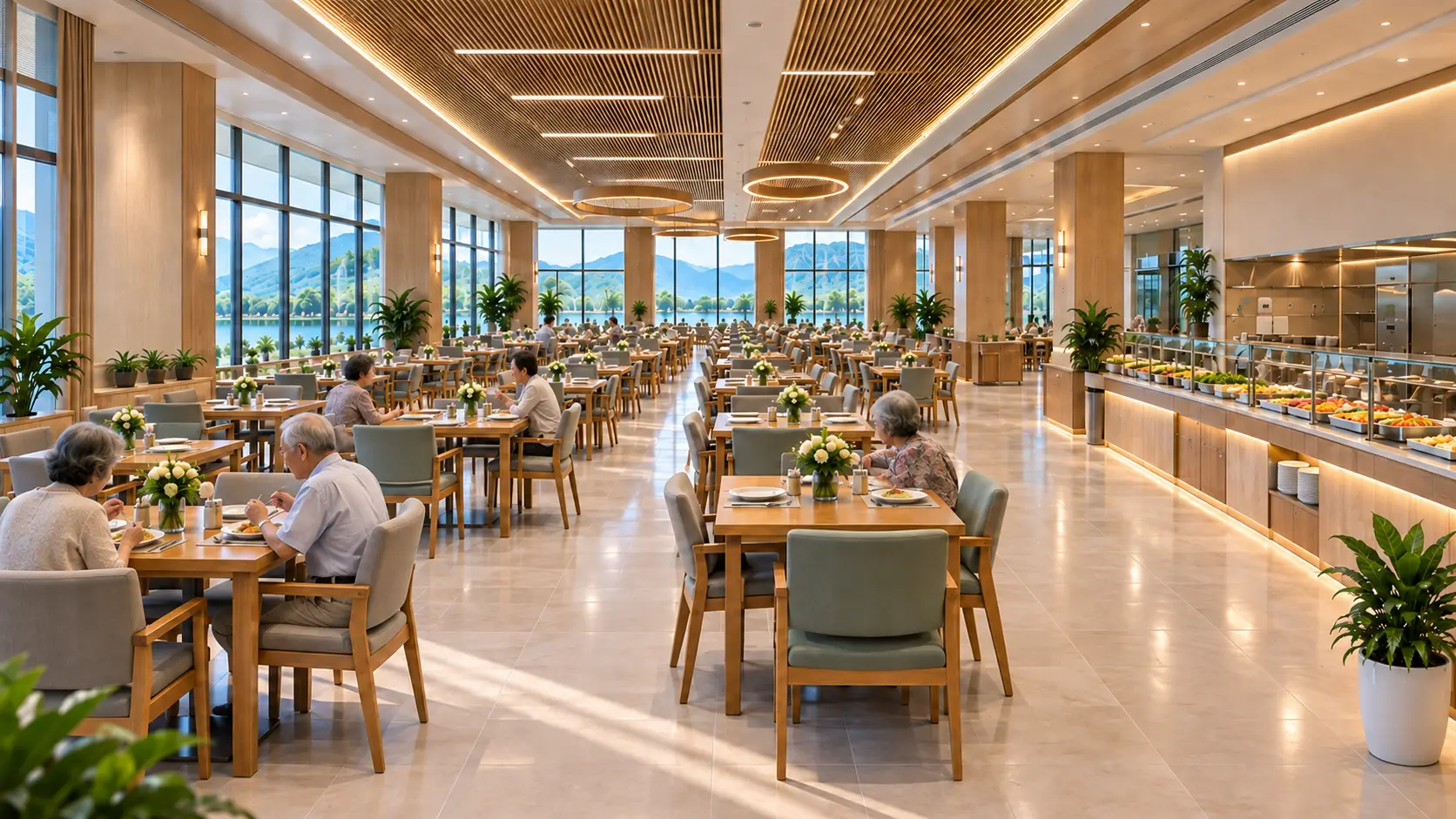 Phối cảnh nhà ăn với người lớn tuổi cùng dùng bữa trong không gian mở