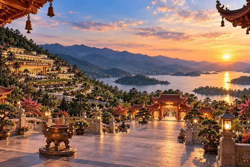 Phối cảnh nhìn từ sân đá xuống toà nhà Horizon Hoà Bình, cổng tam quan, hồ nhiều đảo nhỏ và dãy núi lúc mặt trời lặn