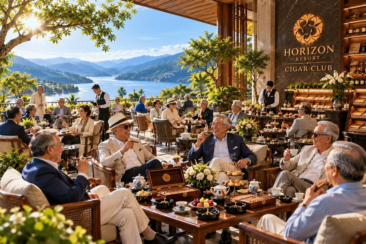 Phối cảnh Cigar Club ngoài trời với bàn trà, hộp xì gà và các cụ trò chuyện bên hồ lúc ban ngày