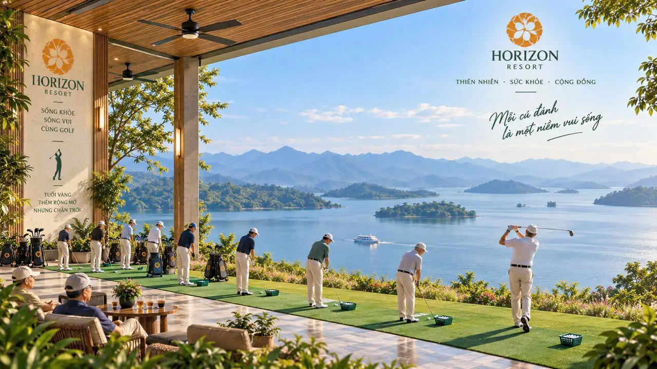 Phối cảnh khu tập golf có mái che, các cụ tập đánh bóng trên thảm cỏ nhìn ra hồ nhiều đảo nhỏ