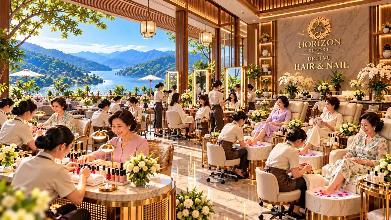 Phối cảnh khu làm tóc và làm móng sáng sủa với ghế thư giãn, ngâm chân cánh hoa và cửa kính nhìn ra hồ
