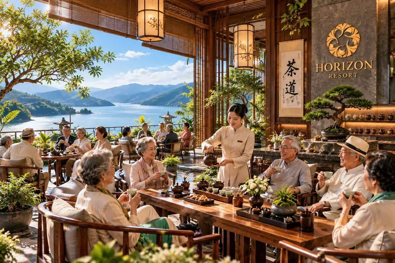 Phối cảnh không gian trà đạo với bàn gỗ dài, người lớn tuổi nhâm nhi trà và nhân viên rót trà, nhìn ra hồ và núi
