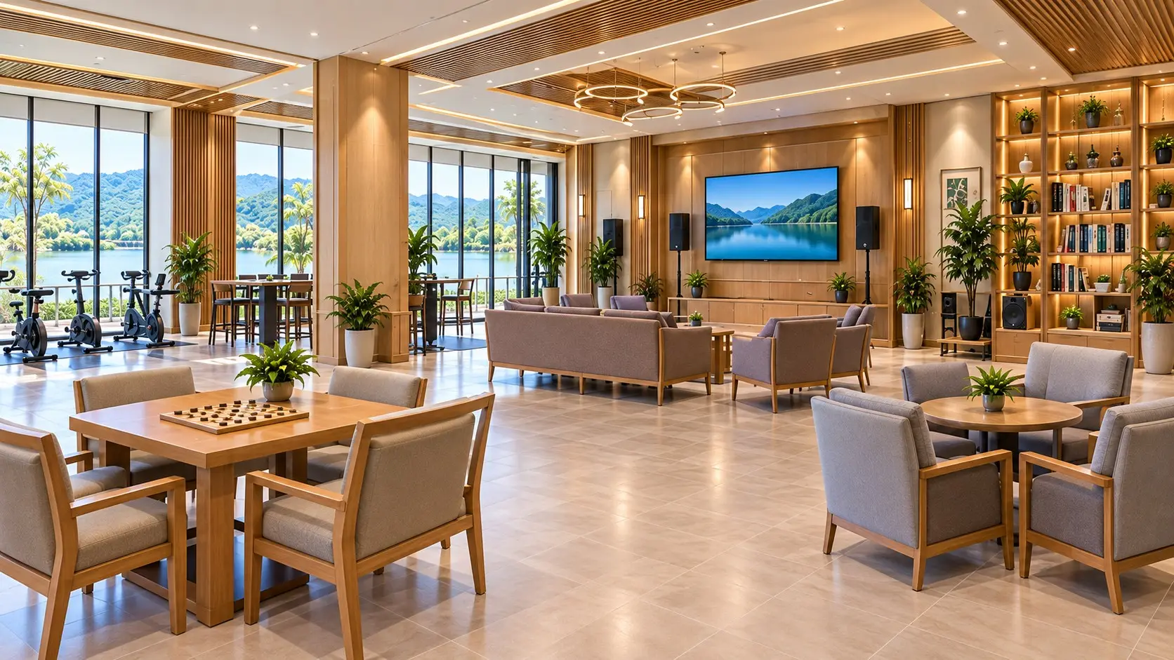 Phối cảnh phòng sinh hoạt chung với bàn cờ, ghế sofa, kệ sách và cửa kính nhìn ra hồ