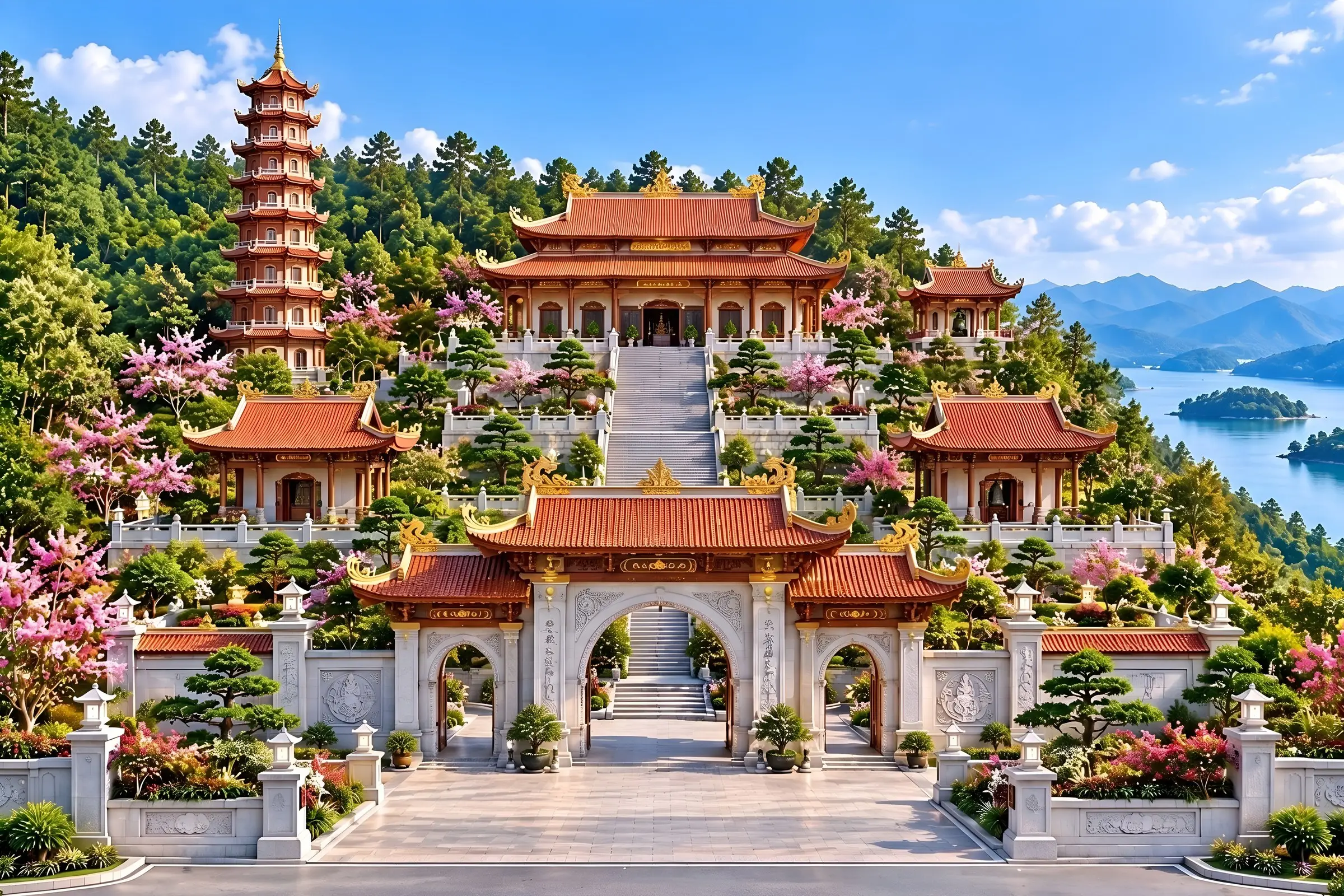 Phối cảnh quần thể chùa trên sườn đồi: tháp nhiều tầng, chính điện và cổng tam quan mái ngói đỏ, phía sau là hồ và núi